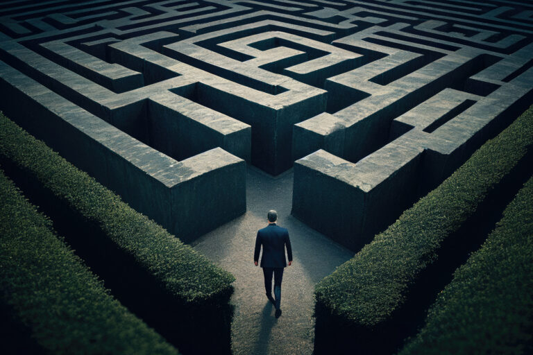 An image of a man entering a grey stone labyrinth which is surrounded by green hedges.